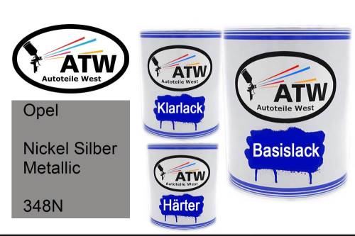 Opel, Nickel Silber Metallic, 348N: 1L Lackdose + 1L Klarlack + 500ml Härter - Set, von ATW Autoteile West.
